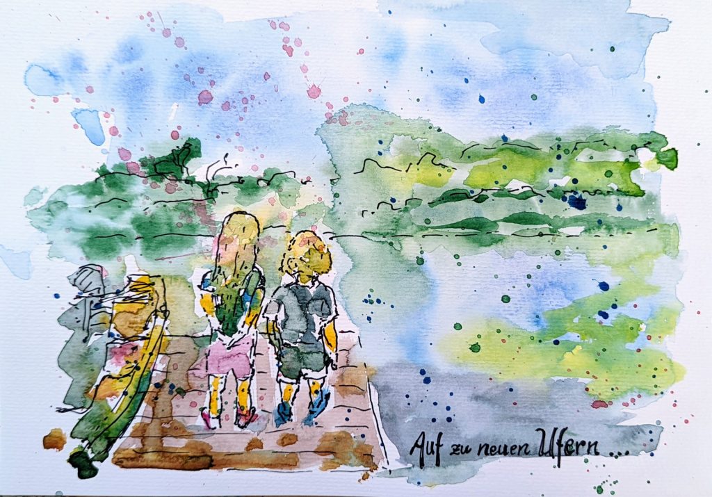 Kunstwerk aus einer Ausstellung in Rüdesheim aus Acryllfarben von der Natur und Personen am See. Der Stil entspricht dem Urban Sketching.