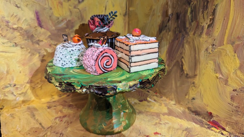 Verkauf von einem 3D Kunstwerk in Rüdesheim. Dargestellt werden verschiedene Kuchen mit Aquarell Farben. Auch in der Online Kunstgalerie ersichtlich 